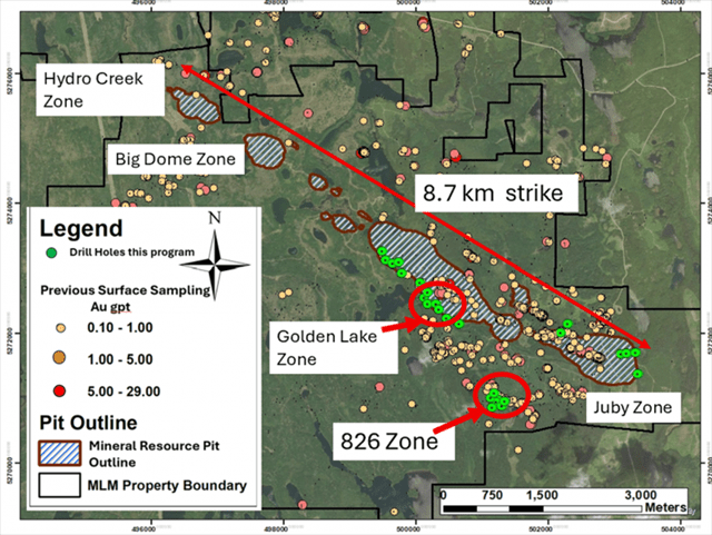 Juby Gold Project – Plan View of Exploration Drilling Program Showing Drill Hole Locations at Golden Lake, Juby, and 826 Zones.