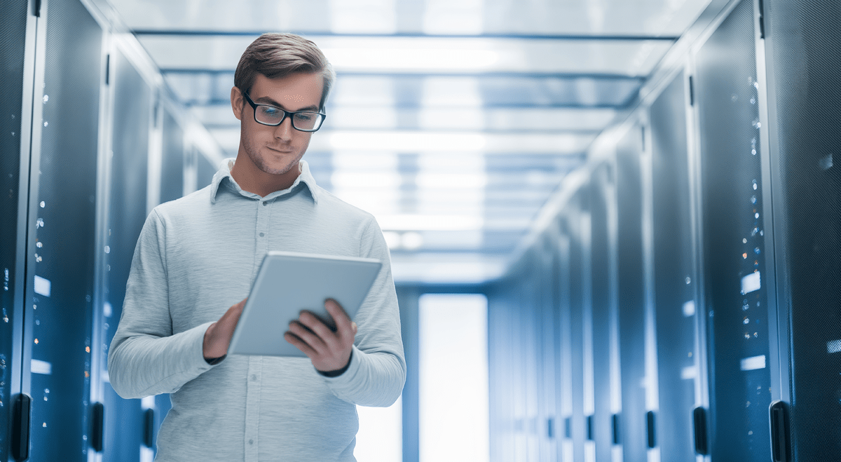 Man in data centre with tablet